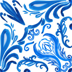 Azulejo ceramic tiles. Seamless pattern of traditional Italian majolica. Hand drawn watercolor blue pattern. Sicilian design print for fabric