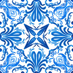 Azulejo ceramic tiles. Seamless pattern of traditional Italian majolica. Hand drawn watercolor blue pattern. Sicilian design print for fabric