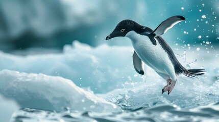 penguin jumping between two ice floes background,generative ai