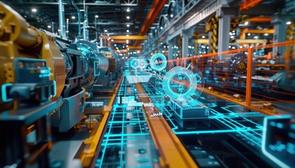 Fototapeta premium Digital twin of a manufacturing plant with virtual reality monitoring and AI optimization, illustrating business modernization.