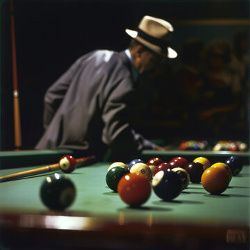 Billiard game with an individual playing a trickshot in the background, retro look, photograph of billiard balls in focus, late night club scene
