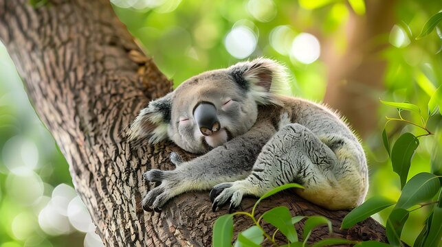 koala resting and sleeping on his tree with an happy smile on his face