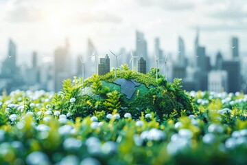 Concept of green economy, hand holding a world full of trees ,wind turbines, solar cells, illustration, Generative AI