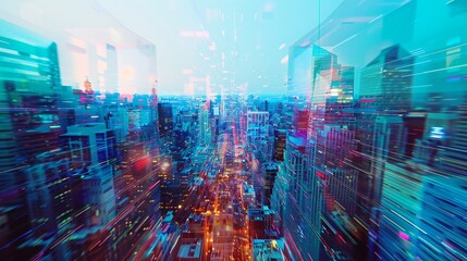 Obraz premium Architectural abstraction of a digital cityscape with pixelated elements and glitch effects.