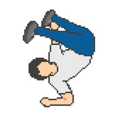 Elbow inverted man doing pixel art breakdance, white clothes