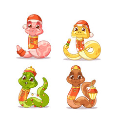 Adorable Cartoon Snakes Dressed In Colorful, Festive New Year Costumes Celebrating The Holiday Season