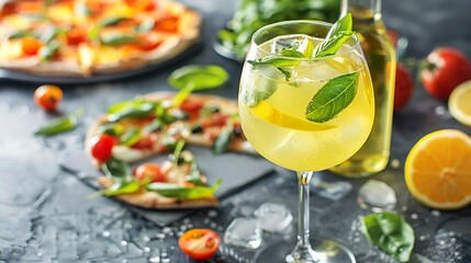 Limoncello spritz drink aperitif at food table with antipasti and pizza selection on light background