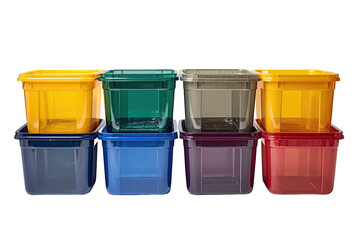 A Stack of Colorful Plastic Storage Containers Filled With Ice on a White or Clear Surface PNG Transparent Background