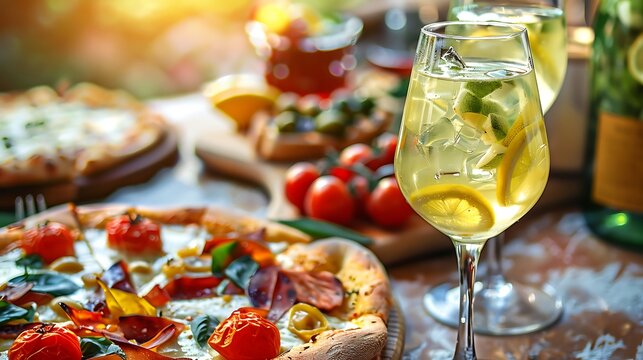 Limoncello spritz drink aperitif at food table with antipasti and pizza selection on light background