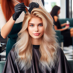 Fototapeta premium a beautiful blonde model woman in the hairdresser salon gets a new haircut, dyes her hair and style it. sitting on the chair