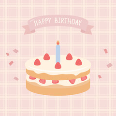 Birthday cake vector illustration on checkered background.