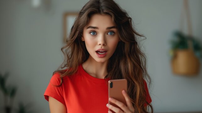 Surprised Woman Holding Smartphone - Powered by Adobe