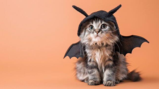 Scottish fold Cat in halloween bat costume with tiny wings , sitting on a solid pastel orange background copy space