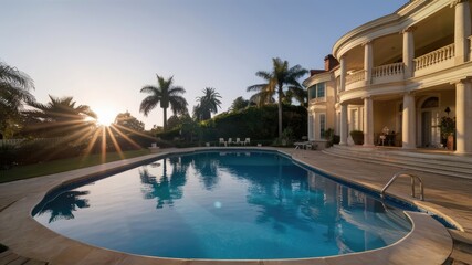 Fototapeta premium Large house with a spacious swimming pool in front creating a picturesque sight