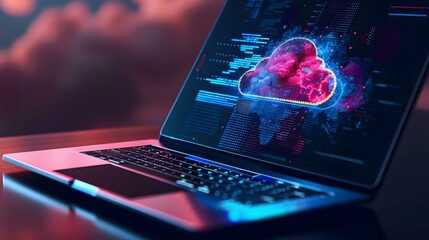 cloud computing desk laptop screen glowing cloud computing concept background,generative ai