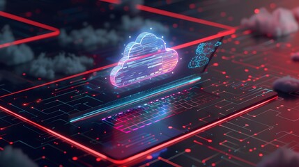cloud computing desk laptop screen glowing cloud computing concept background,generative ai