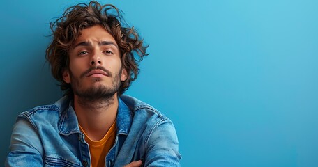 Fototapeta premium Portrait of an unhappy young man , blue color background banner with copy space 