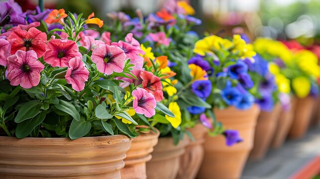 Pots of colorful petunias in planters in a garden center