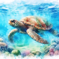 Ancient sea turtle gliding through watercolor crystal-clear waters