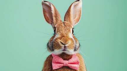 Rabbit with bow tie isolated on green