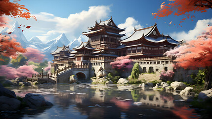 Fototapeta premium Tranquil Japanese Pagoda Landscape Illustration