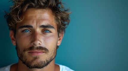 Fototapeta premium Portrait of an unhappy young man , blue color background banner with copy space 