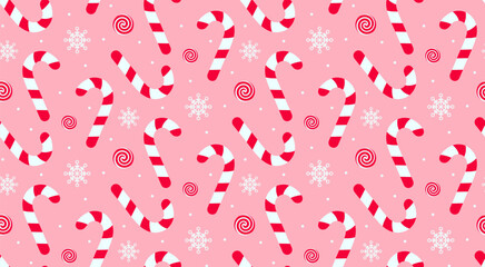 Christmas candy cane, swirl candy and snowflakes seamless pattern. Holiday traditional peppermint backdrop.