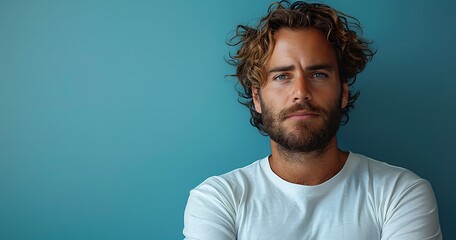 Obraz premium Portrait of an unhappy young man , blue color background banner with copy space 