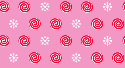 Christmas peppermint swirl candies and snowflake seamless pattern. Holiday traditional peppermint backdrop.