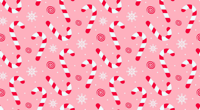 Christmas candy cane, swirl candy and snowflakes seamless pattern. Holiday traditional peppermint backdrop.