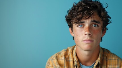 Obraz premium Portrait of an unhappy young man , blue color background banner with copy space 