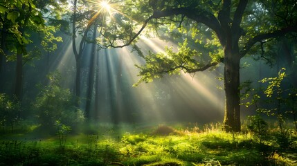 Obraz premium forest in the morning sunrise background,generative ai