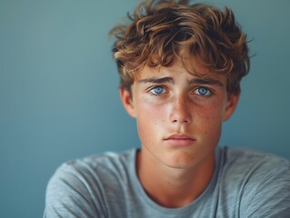 Fototapeta premium Portrait of an unhappy young man , blue color background banner with copy space 