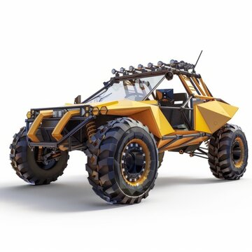 recommend clip art: 3D Render, Low Poly style of a desert dune buggy with oversized tires, on isolated white background, Generative AI