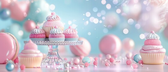 A dreamy pastel-themed dessert table with cupcakes, macarons, and candies. Perfect for parties and celebrations with a soft, whimsical vibe.