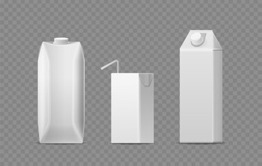 Set Of Three White Blank Cartons For Milk And Juice Packaging Includes Different Sizes And Styles. 3d Vector Mockups