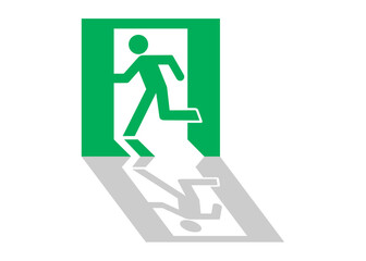 非常口マークのピクトグラムイラスト（逃げる人・影付き・防災サイン） © あしたばきょうこ