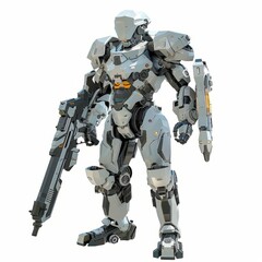 3D Render, Low Poly style of a futuristic mech suit equipped with heavy weaponry, on isolated white background, Generative AI