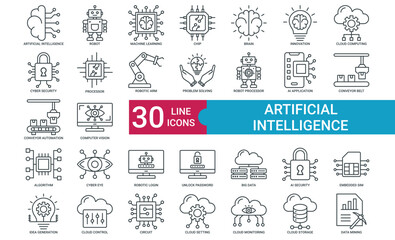 Artificial Intelligence icon collection set with Robot, Machine Learning, Chip, Brain, Innovation