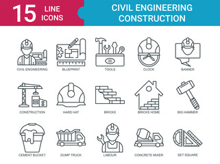 Civil Engineering Construction icon collection set with blueprint, tools, clock, banner, construction