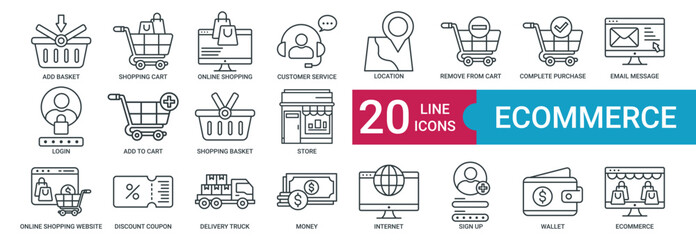 Ecommerce icon collection set with add basket, shopping cart, online shopping, customer service, location