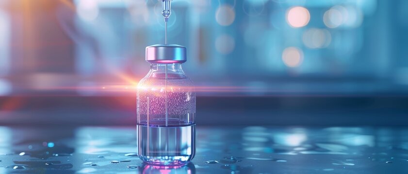 Close-up of a vaccine vial with a droplet falling, highlighting medical research and vaccination efforts in a laboratory setting.