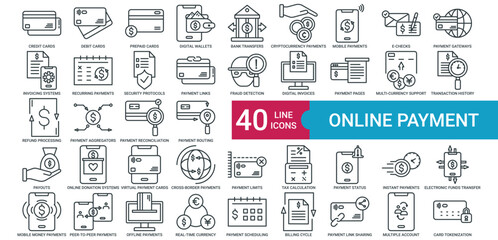 Online Payment icon collection set with Credit Cards, Debit Cards, Prepaid Cards, Digital Wallets, Bank Transfers