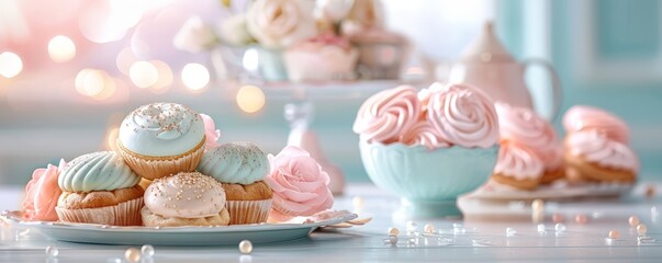 Fototapeta premium Elegant pastel colored pastries and sweets, beautifully arranged in a light and airy setting for a delightful dessert spread.