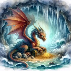 Mythical dragon guarding its treasure in a watercolor cave
