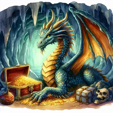 Mythical dragon guarding its treasure in a watercolor cave