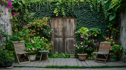 Fototapeta premium Sitting corner flower garden and wooden doors in the green ivy wall garden landscape concept