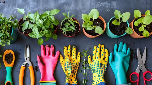 Stages of planting seeds preparation gardeners tools and utensils colorful gloves organic pots scissors toned with shawer