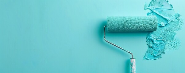 Obraz premium Professional wall paint painting wall with roller, with lots of empty copy space Generative Ai