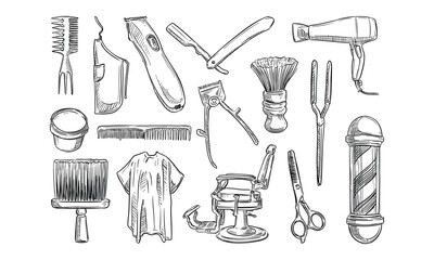 barbershop equipment handdrawn collection